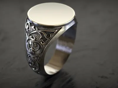 Plain Gold Top Signet Ring with Side Pattern  3D print model