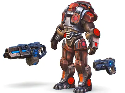 Cartoon Sci-Fi Cyborg Drone Heavy Machine Gunner Low-poly 3D model 3