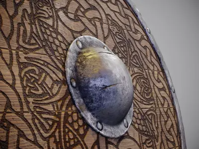 Round shield with carved nordic ornament Low-poly 3D model
