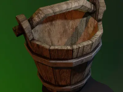 Wooden bucket with metal rings and contamination elements Low-poly 3D model