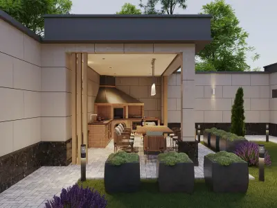 landscape courtyard design and kitchen design Free 3D model