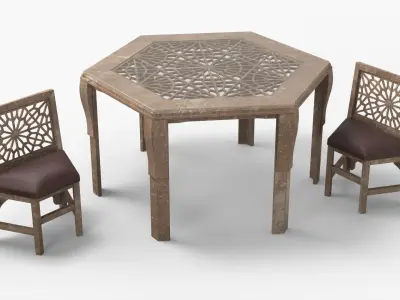 Old Moroccan Carved Wooden Table with Chair 3D model