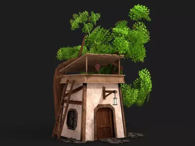 Hut and Tree Low-poly 3D model