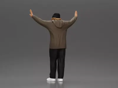 Man wearing hoodie and beanie raises hands looking happy 3D print model