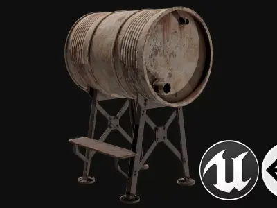 Reservoir 1 wooden barrel with stool Low-poly 3D model