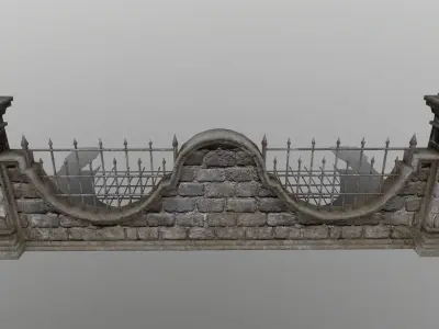 wall set stone with iron railings Low-poly 3D model