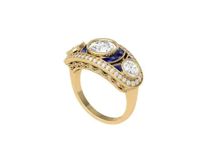 3 Stone Art Deco Ring 3D print model 2