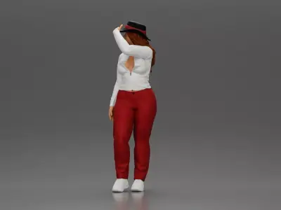 woman in red pants striking stylish pose with hat 3D print model