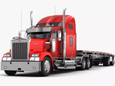 Kenworth W900 With the Flatbed Trailer 3D model