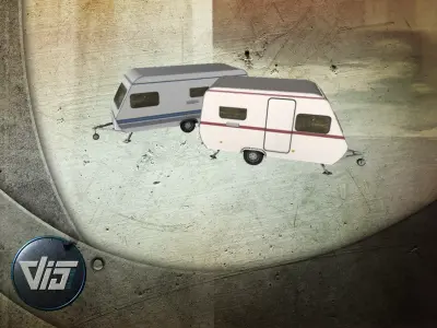 Caravan collection camper trailers in row Low-poly 3D model