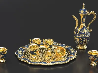 Gold Embossed Arabian Tea Set with Kettle and Cups 3D model
