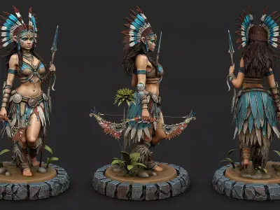 Native american warrior woman on stand with bow high poly 3D model