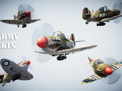 Low poly Spitfire PBR fighter planes flying in sky Low-poly 3D model