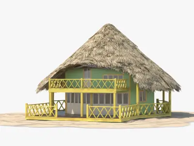 Beach Bungalow with Thatched Roof and Porch on Sand 3D model