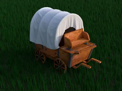 carriage wooden covered wagon in grass Low-poly 3D model