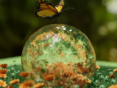 Butterfly sitting on water bubble 3d view Low-poly 3D model