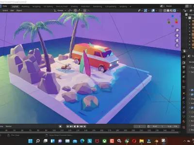 beach low poly model render in blender Low-poly 3D model