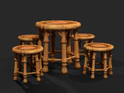 Stylized Bamboo Table and Stools Set Low-poly 3D model