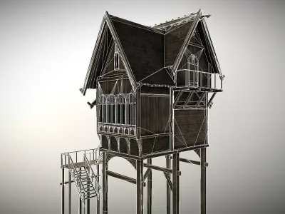 Medieval Lake Village - House 7 with interiors Low-poly 3D model
