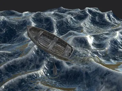 Adrift boat floating in water under starry sky Low-poly 3D model