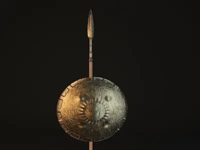 Spear and Shield Ancient weapon lowpoly  Low-poly 3D model