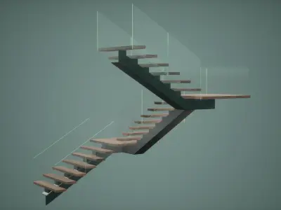 Stair Low Poly Game Ready wooden staircase with glass railing Low-poly 3D model