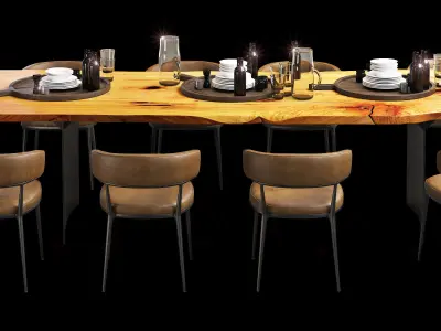 Urban hardwoods dining slab table with tableware 3D model