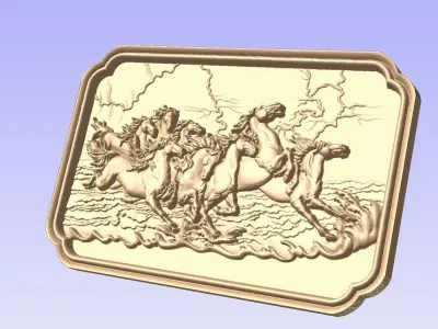horses wooden plaque with riding in water 3D model