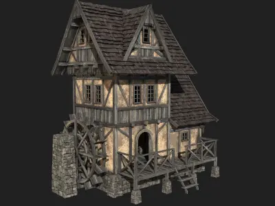  FANTASY WATERMILL MEDIEVAL BUILDING HOUSE HUT TOWN COLLECTION Low-poly 3D model