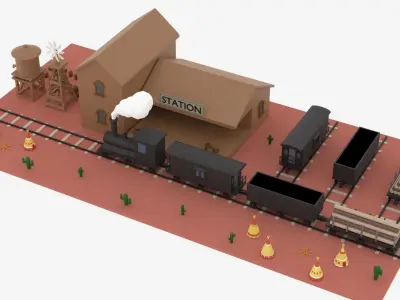 Old Wild West Train and Staion Low-poly 3D model
