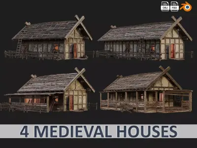 4 Old Medieval Building House Pack 4K Tex GameReady 53 to 56 Low-poly 3D model