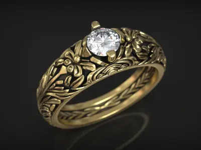 Engagement Solitaire Floral Ornamental Band with Diamond 3D print model