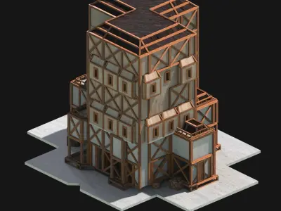 Medieval Low Poly Building Castle Wooden Village Stone House 06 Low-poly 3D model