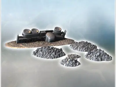 Set of ruins and debris with the carcass of a six-wheeled truck  3D print model