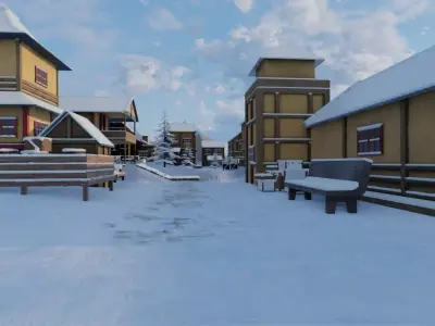 Snowy Mountain Village 3D model 4