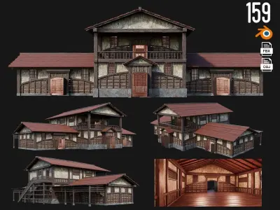 4 Medieval House Building Pack 4K Textures GameReady 157 to 160 Low-poly 3D model