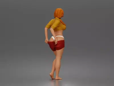 woman adjusting shorts standing barefoot in relaxed summer  3D print model