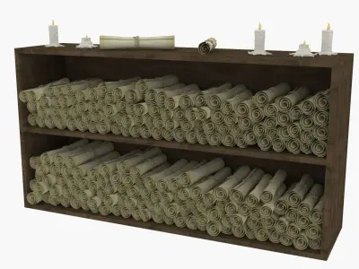 Old shelf with scrolls and candles 3D model
