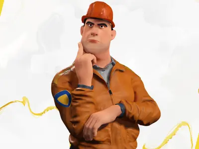 Cartoon Construction Worker in Jacket Worker with Hard Hat Low-poly 3D model