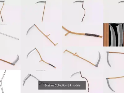  4 Scythes Collection - Realistic Tools 3D Model Pack