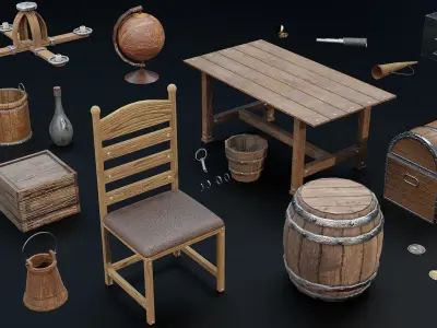 Pirate Ship with Interior - Props and Guns and Textures - Vol 1 Low-poly 3D model