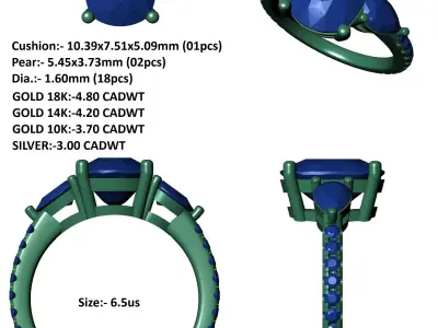 3Ct Cushion 3 Stone Ring 3D print model purchase
