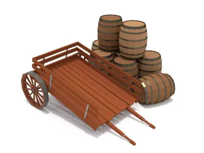 Rigged Wagon with Barrels Low-poly 3D model