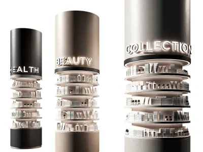 Round columns racks with goods Cosmetics products showcase 3D model