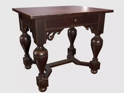 Antique vintage wooden writing desk with carved legs and drawer 3D model