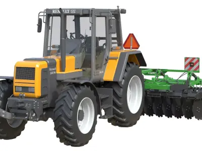 Renault 160-94 Tractor and Compact Disc Harrow Low-poly 3D model