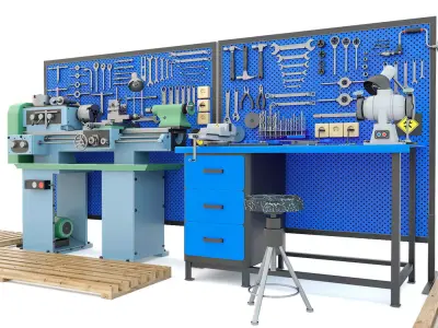 Industrial workbench garage tools and lathe machine 3D model