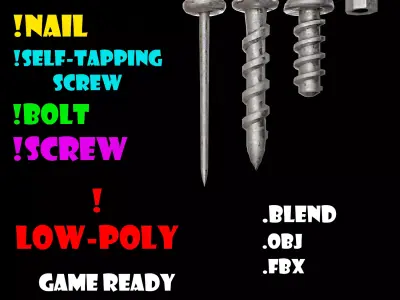 Low Poly Fasteners Pack  Nails Bolts Screws  Nuts PBR Ready  Low-poly 3D model