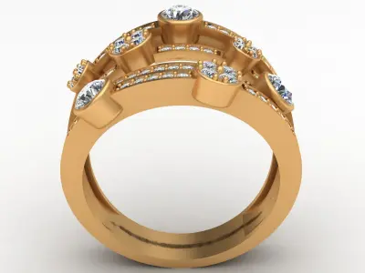 4 Row Fashion Diamond Gold Ring 3D print model
