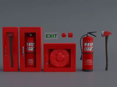 Fire Equipment Set Fire Extinguisher  Cabinet Alarm PBR Material Low-poly 3D model